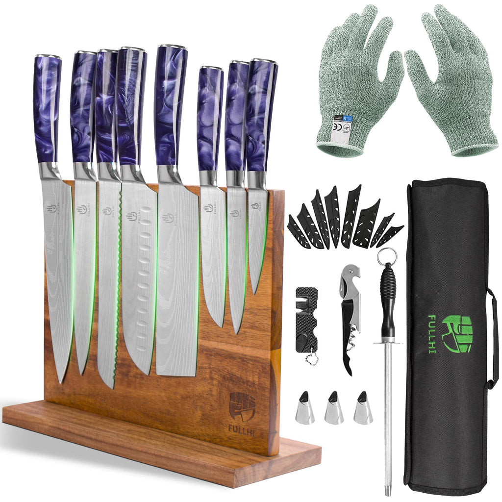 FULLHI Knife Set with Magnetic Knife Block Holder15pcs Japanese Knife Set German Stainless Steel Kitchen Knife Set