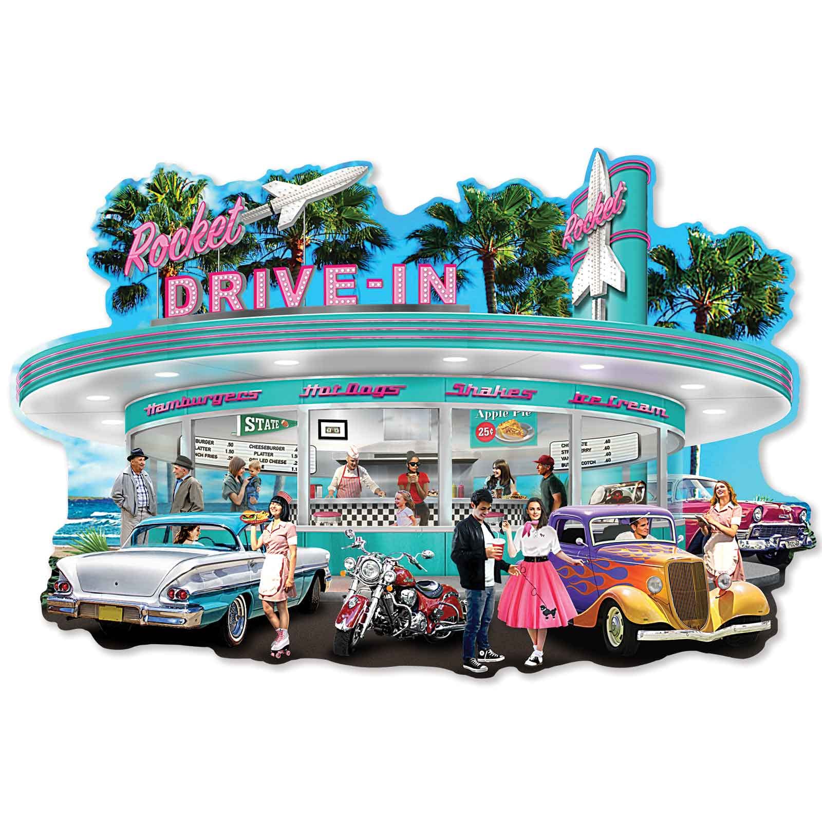 Bits and Pieces – 750 Piece Jigsaw Puzzle for Adults – Rocket Drive - in - Classic Cars Retro Diner Jigsaw Puzzle by Chris Dobrowolski Completed Puzzle Size: 20" x 27"