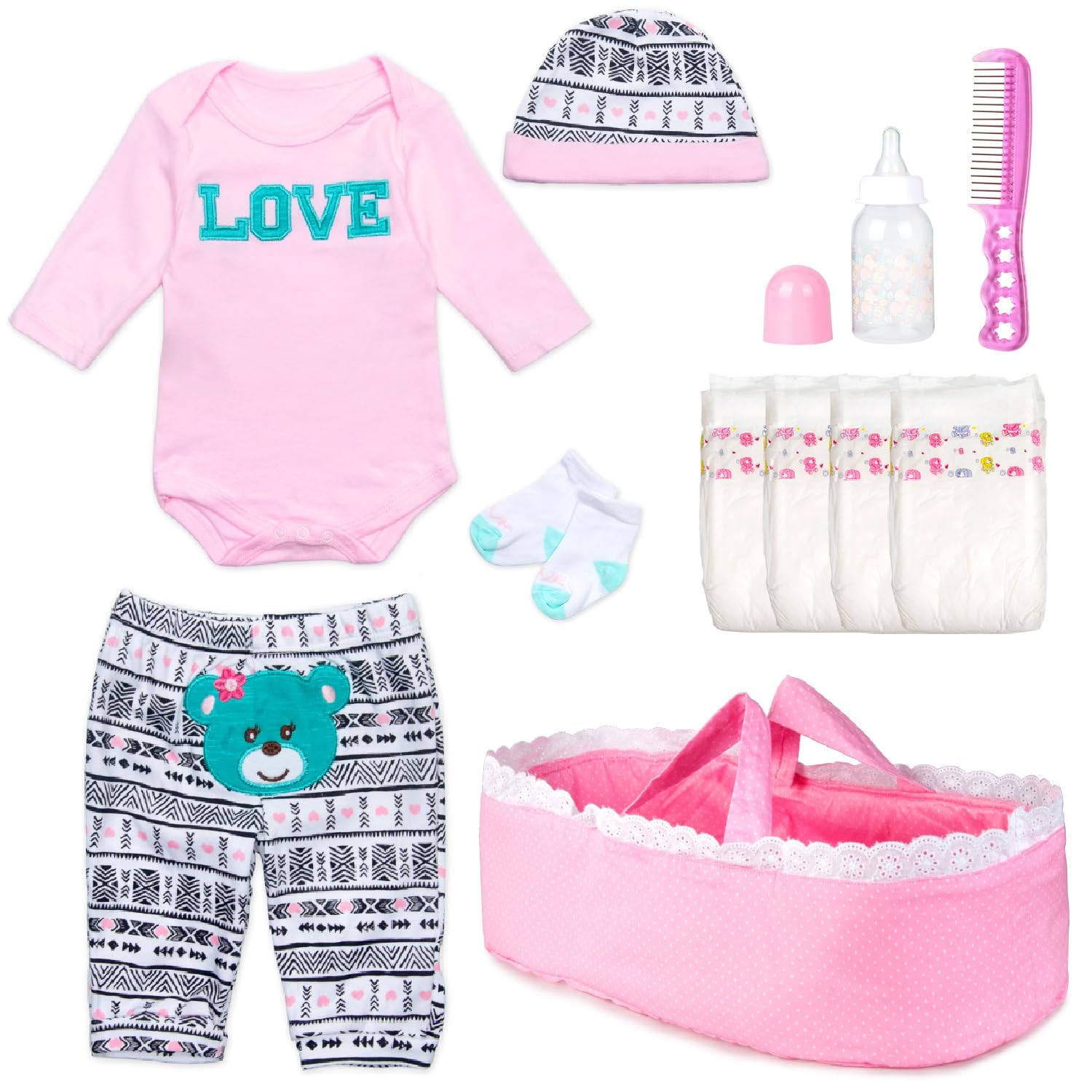 11 Pcs Reborn Baby Dolls Clothes Accessories Pink Outfit with Bassinet&Diaper for 17-22 Inch Reborn Doll Clothes fit Newborn Baby Doll Girl