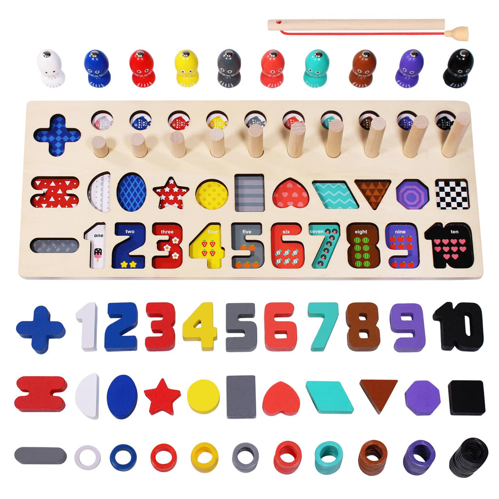 MTTIERY 5 in1 Puzzle Board Montessori Toys for Toddlers Number Shapes Counting Board Boys and Girls Math Stacking Building Blocks Wooden Toys 1-5Year Old Boys Gifts and Up Magnetic Fishing Toys